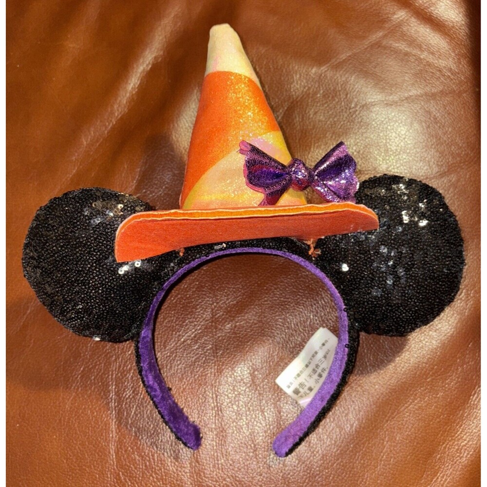 Disney Parks Halloween Witch Hat Mickey Mouse Ears Sequined Ears with Purple Bow